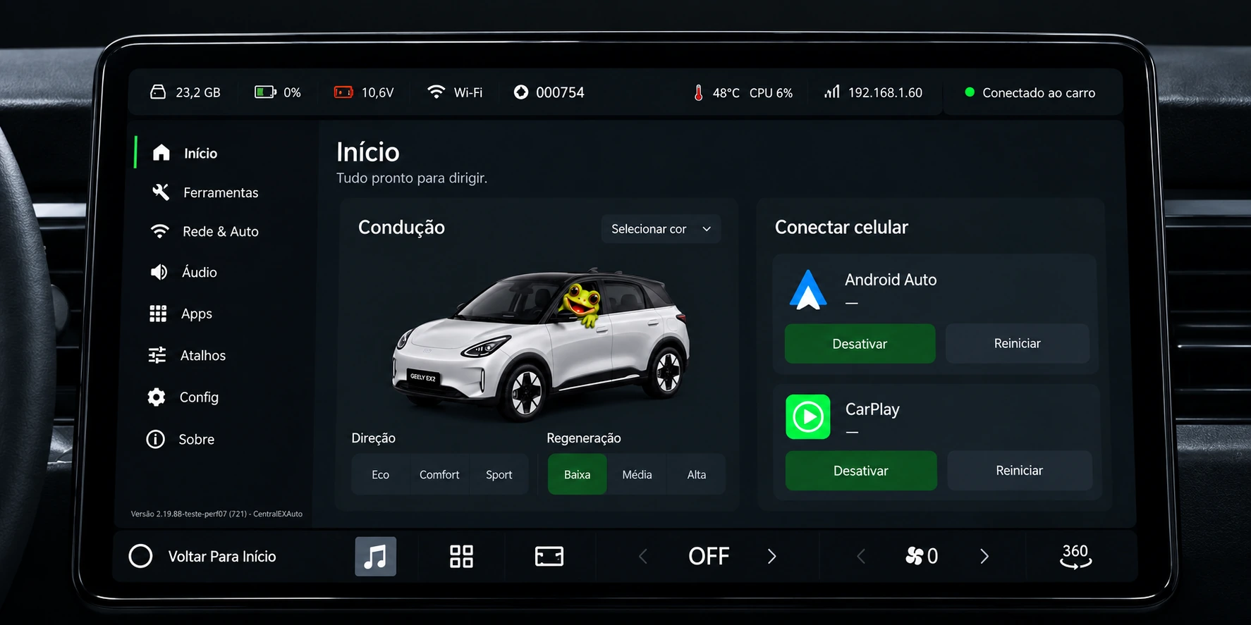 EX Sapo Central na central do Geely EX2: a lista de aplicativos dá lugar ao EX Sapo Central conforme você desce a página.